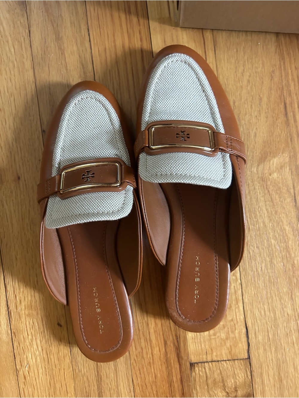 Tory Burch Tan Leather & Cream Canvas Logo-Plate Mules